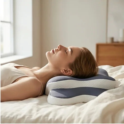 Femme allongée sur le dos, la nuque soutenue par l’oreiller NOCTA
