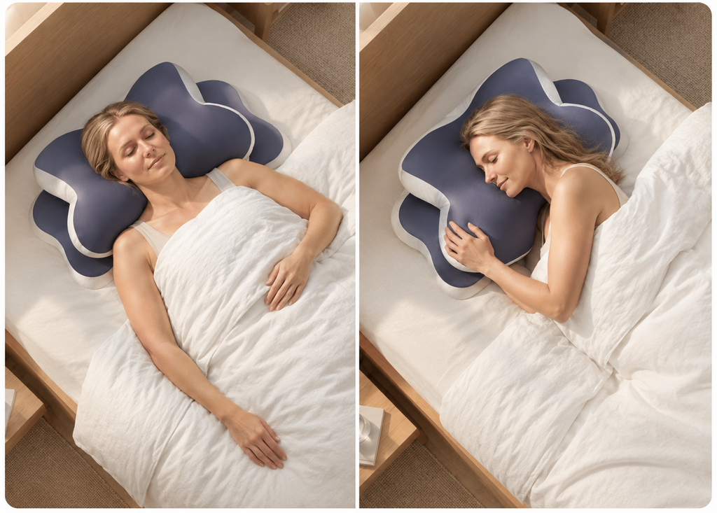 Femme dormant sur le dos puis sur le côté avec l’oreiller NOCTA, vue de dessus